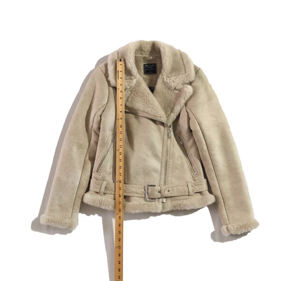 NWT Abercrombie and Fitch Moto Jacket Womens Size XS Beige Suede Faux Shearling - Picture 2 of 8